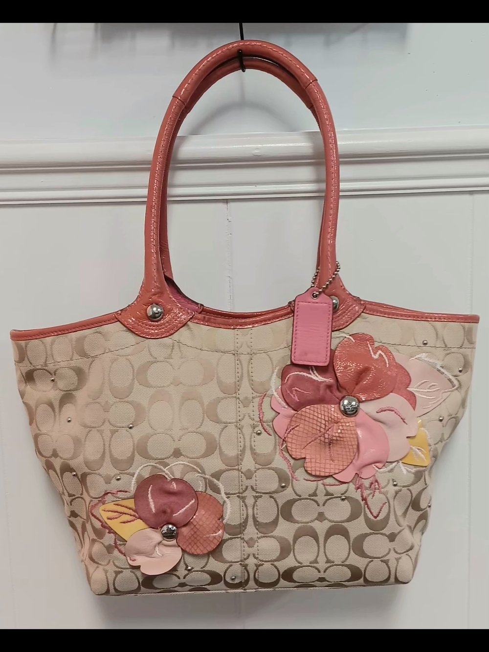 Coach Bleeker Signature Tote with Pink Trim & Floral Appliqués
